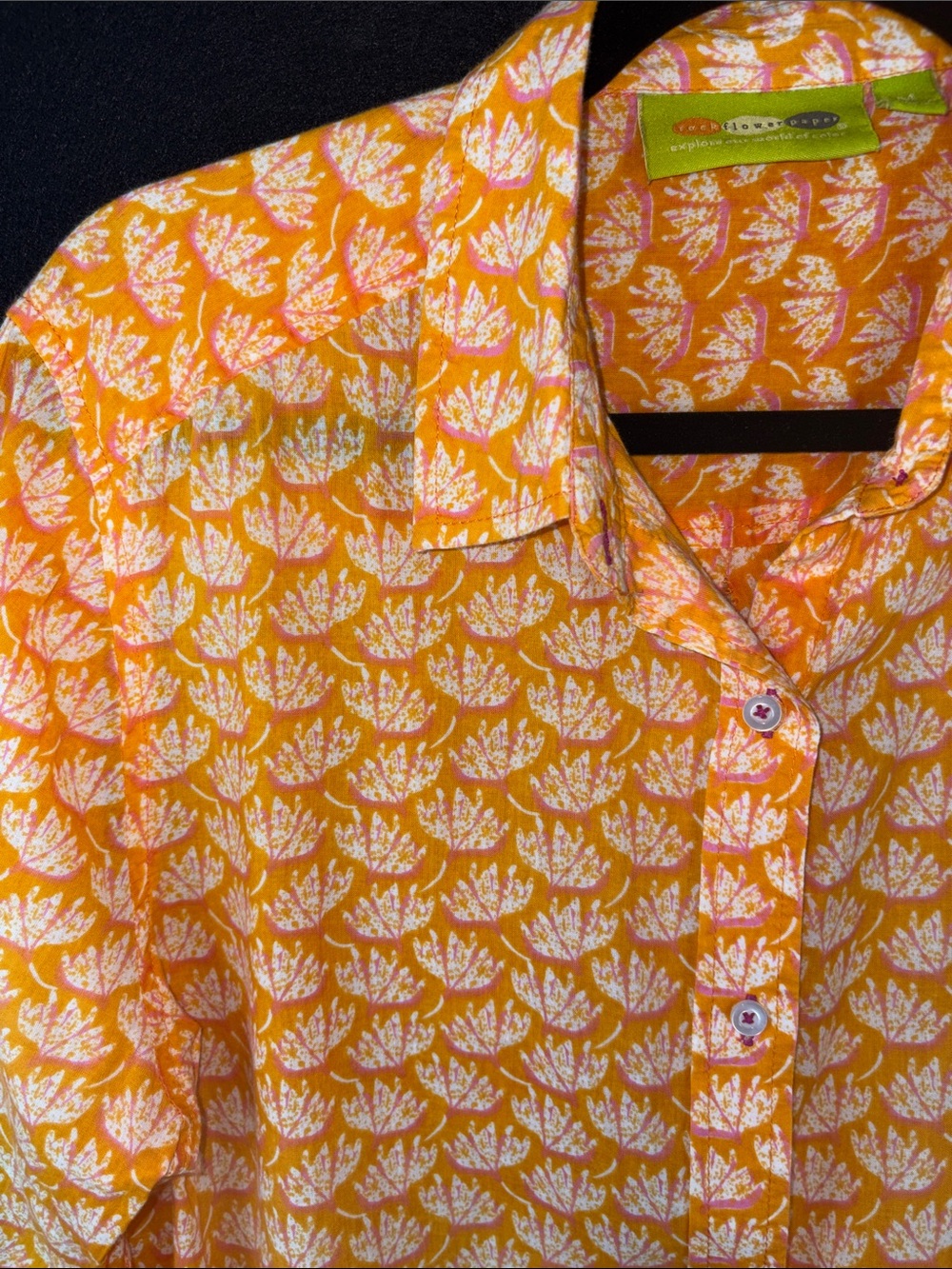 Rock Flower Paper 100% Cotton Lightweight Orange/White Pink Accents Button Shirt